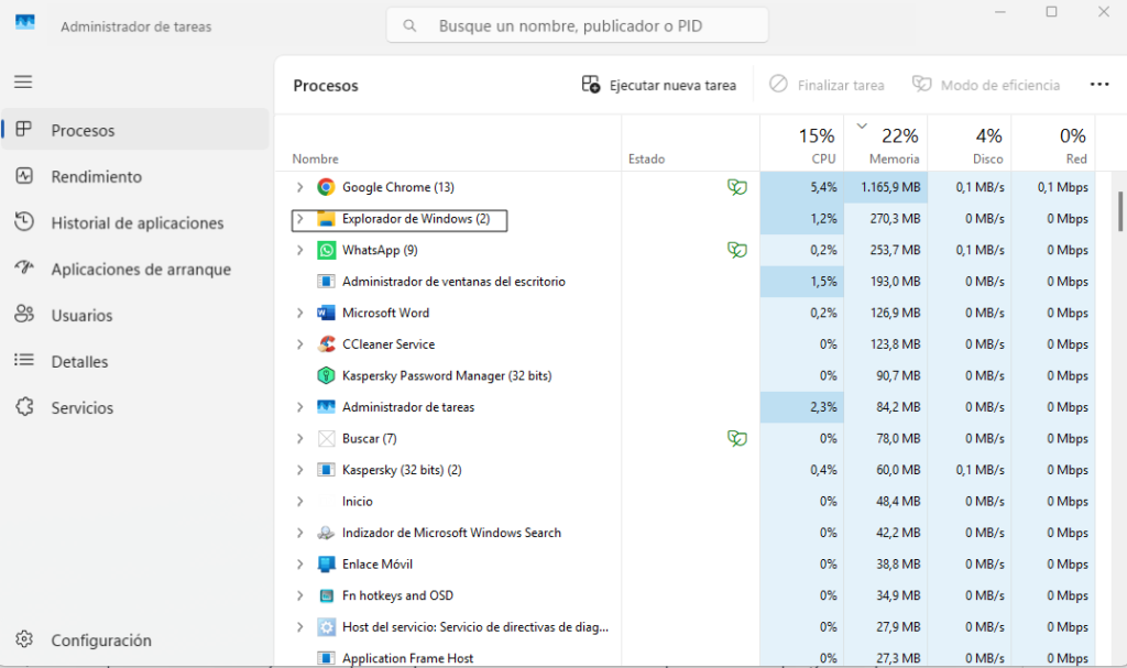 Ventana del administrador de tareas de Windows