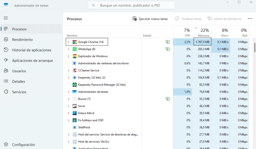Identificar programas que consumen muchos recursos como meemoria RAM