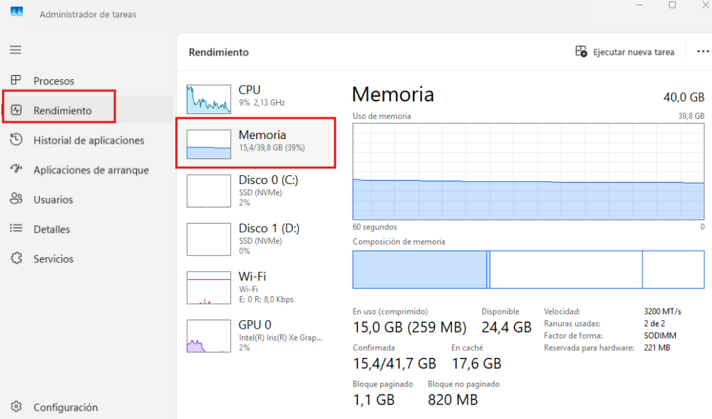 Comprobar rendimiento y memoria en Windows