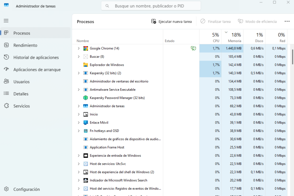 Administrador de tareas de Windows CTRL+SHIFT+ESC