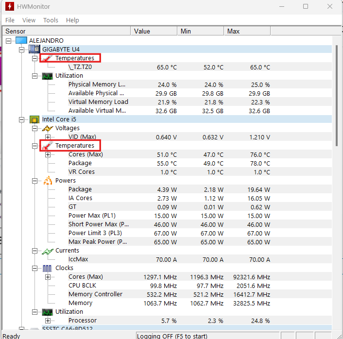 Lista de temperaturas de los distintos componentes del PC