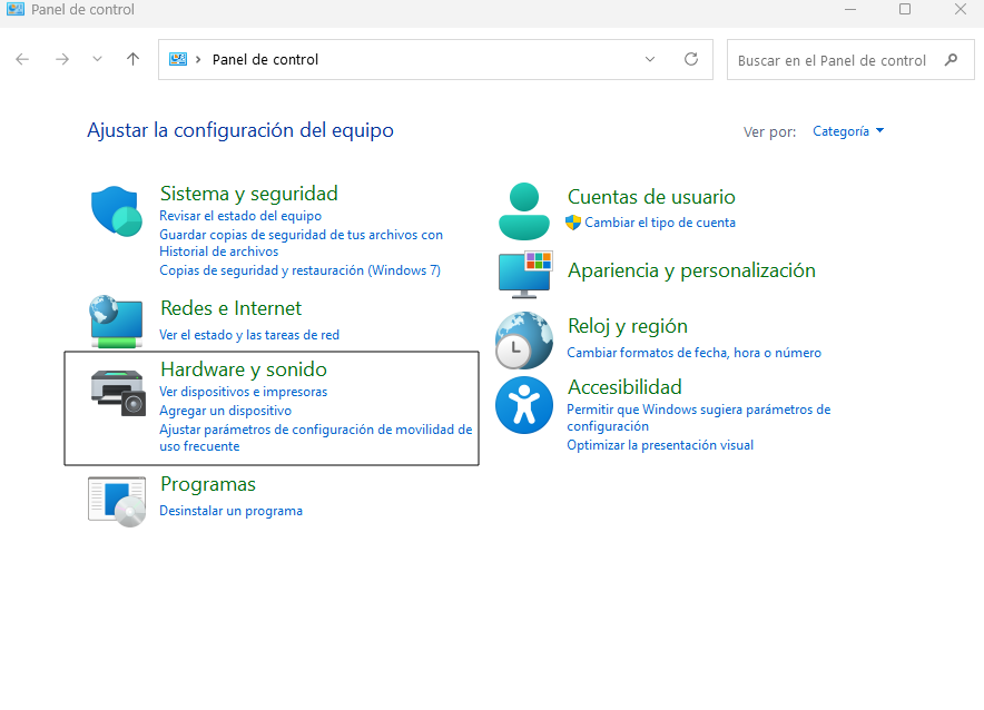 Pantalla de Hardware y Sonido en Windows 11 
