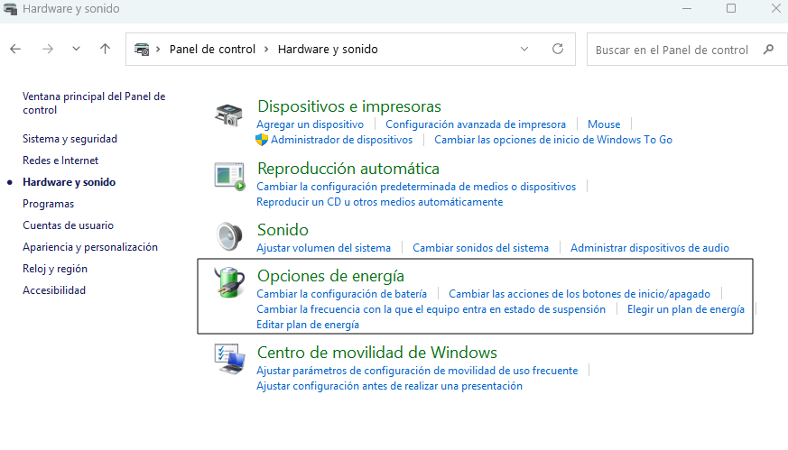 Configurar opciones de energía en Windows
