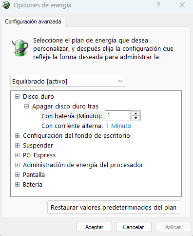 Configuración avanzada de Opciones de energía en Windows