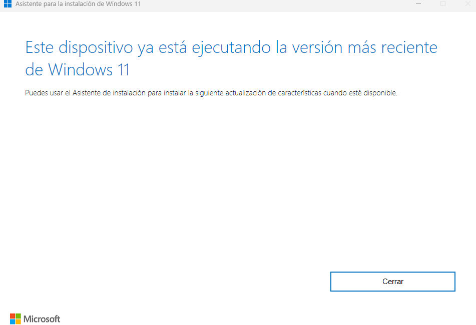 Ejecución asistente de instalación de Windows 11 con el sistema ya actualizado.