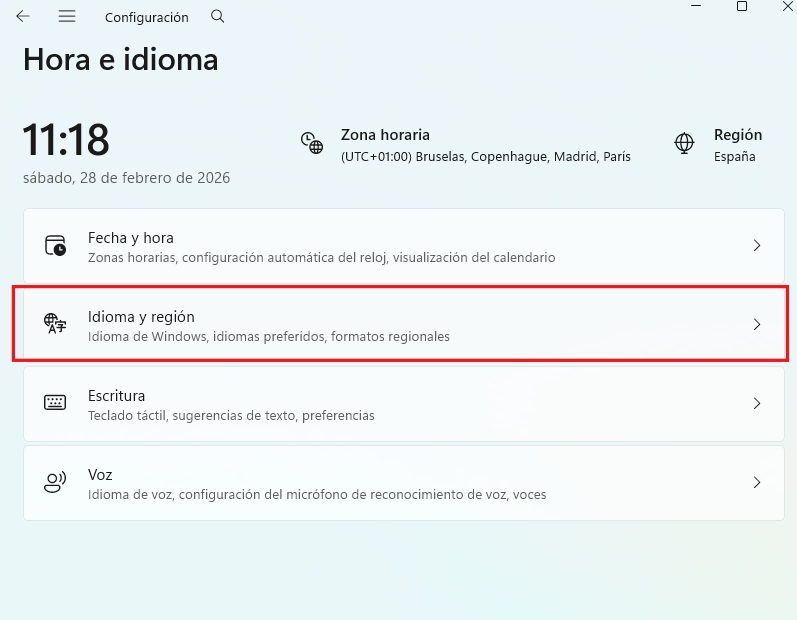 Configurar hora e idioma en Windows 11