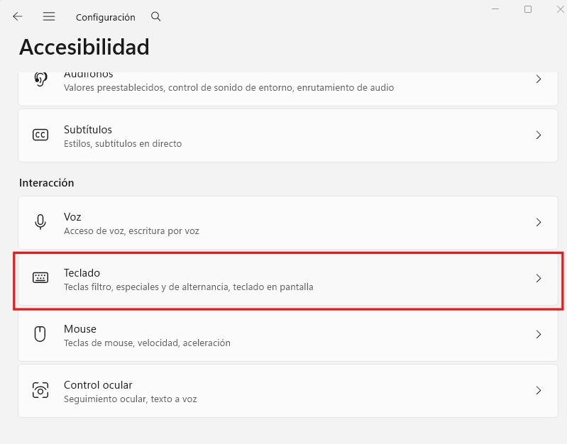 Pantalla para acceder a la configuraciónn de accesibilidad del teclado