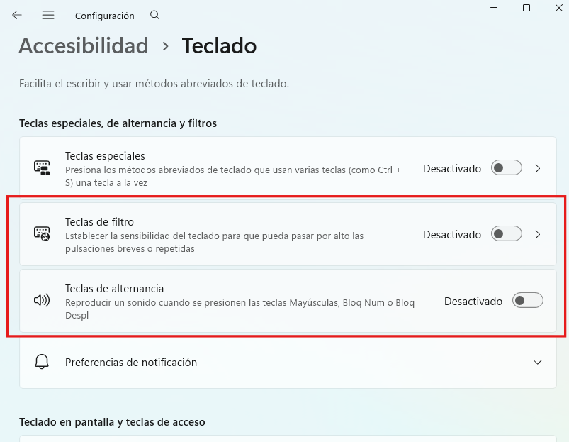 Desactivar opciones de teclas de filtro y de alternancia de la accesibilidad del teclado en Windows 11