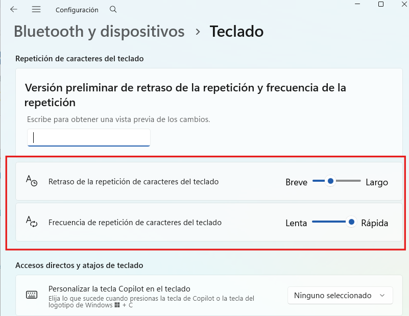 Pantalla de ajuste de la velocidad de repetición de las teclas