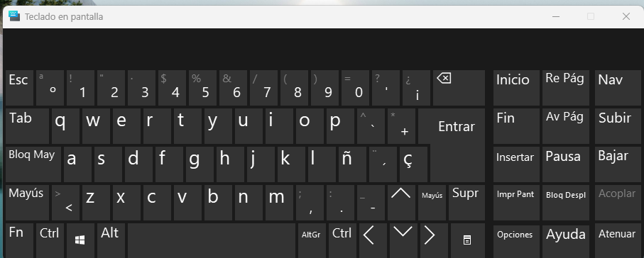 Teclado en pantalla de un ordenador portátil pulsando Windows + Ctrl + O
