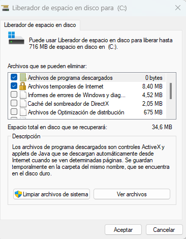Que archivos seleccionar en el liberador de espacio en disco
