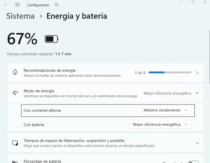 verificar modo de energía del portátil en Windows
