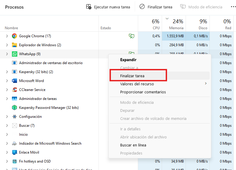 Finalizar proceso o tarea en WIndows 11 mediante el administrador de tareas