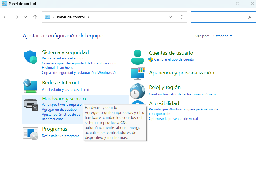 Hardware y sonido en Windows 11