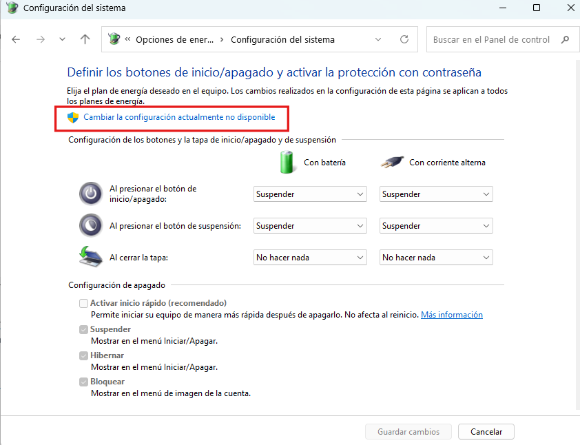Cambiar configuración de botones de inicio y apagado del sistema para habilitar Inicio Rápido