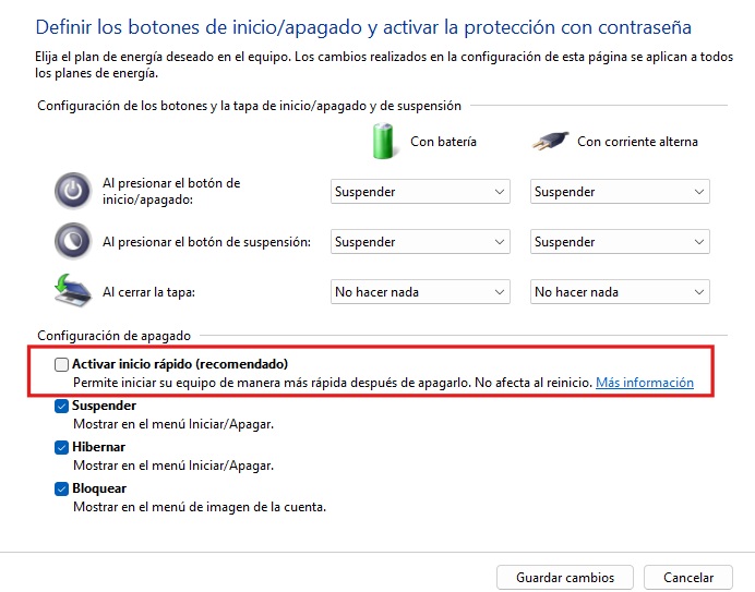 Deshabilitar  inicio rápido de Windows 11