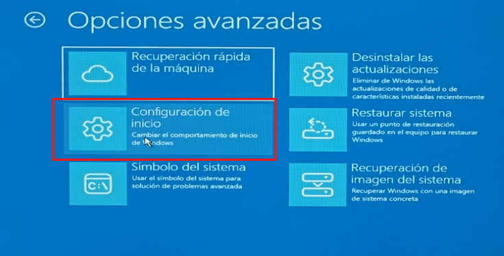 Configurar inicio de Windows en opciones avanzadas del modo seguro