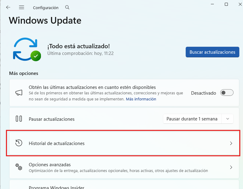 Abrir historial de actualizaciones de Windows Update