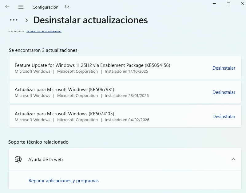 Desinstalar actualizaciones de Windows 11