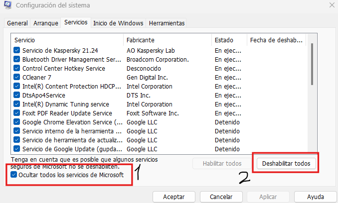 Deshabilitar servicios de WIndows