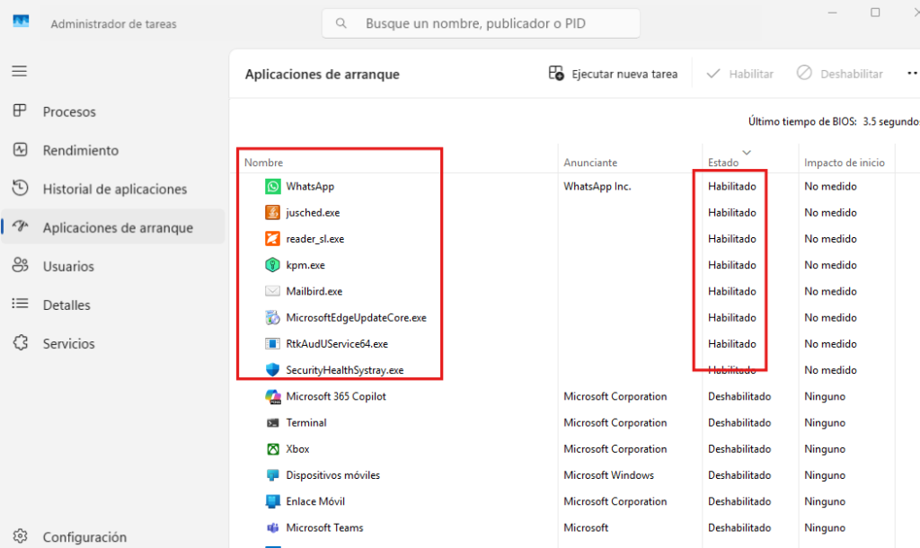 Deshabilitar programas de arranque wn Windows 11