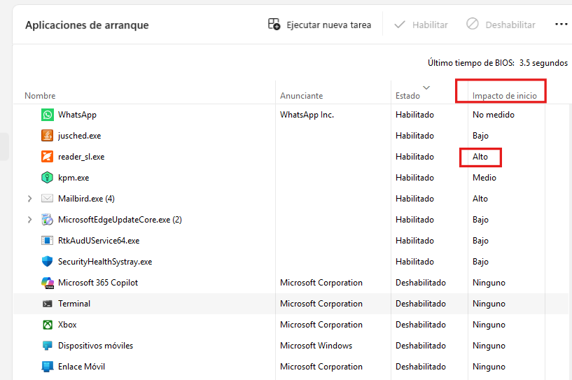 Comprobar impacto de Inicio de las aplicaciones de arranque en WIndows 11