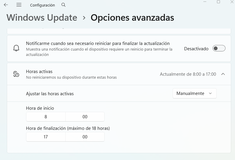 Ajustar horas activas para las actualizaciones de WIndows 11