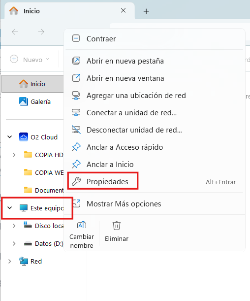 Abrir propiedade del equipo