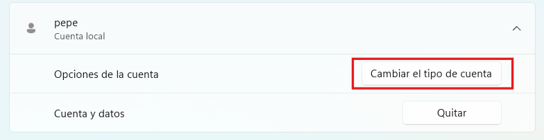 Cambiar tipo de cuenta en Windows 11