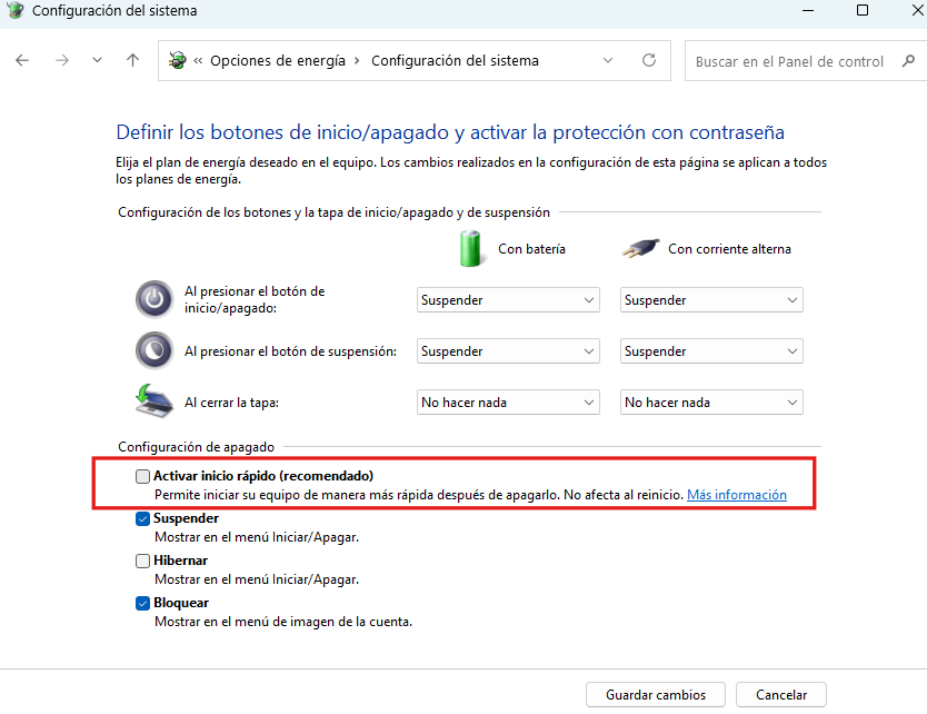 Desactivar Inicio Rápido en Windows 11