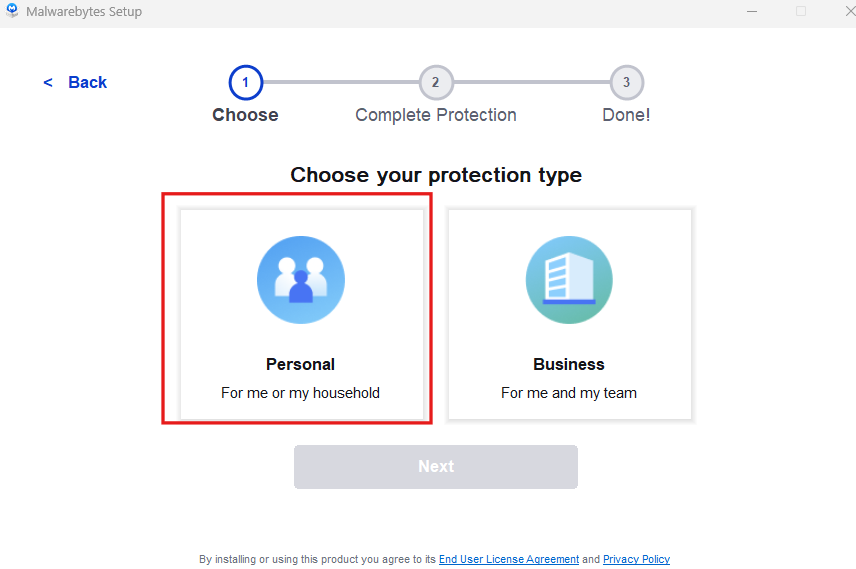 Elegir tipo de instalación de Malwarebytes