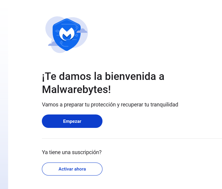 Pantalla de bbienvenida de Malwarebytes