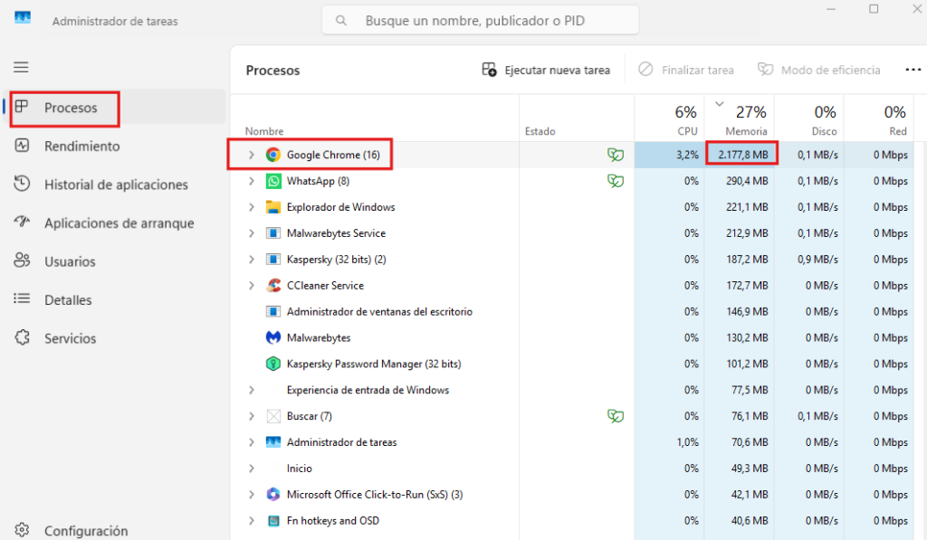 Comprobar cuanta memoria ram consume el navegador web Google Chrome