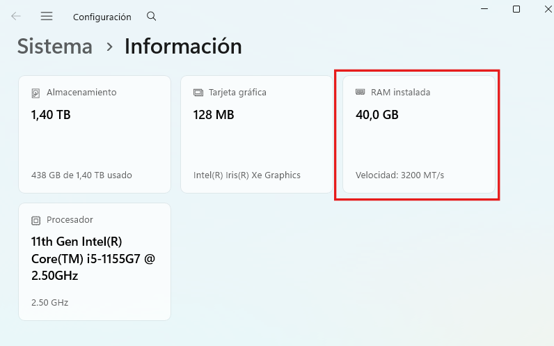 Ver la cantidad total de memoria RAM instalada desde información del sistema.