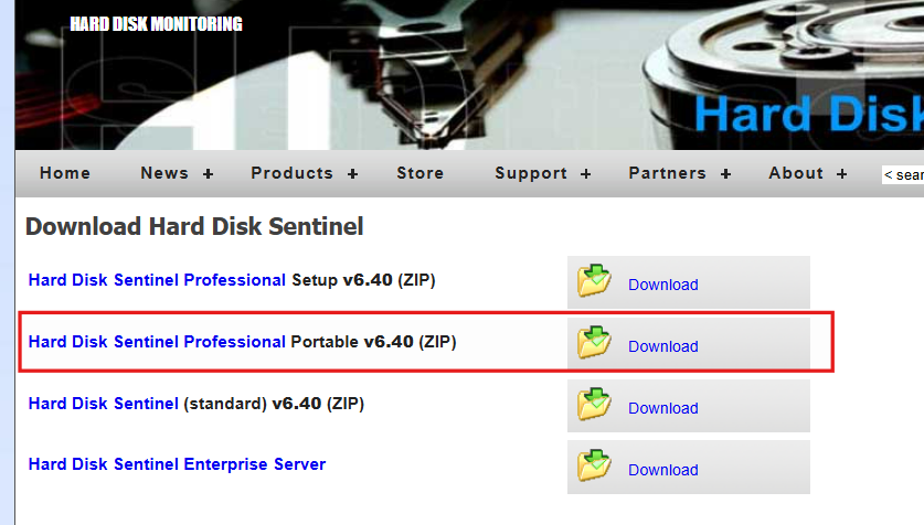 Página de descarga del software hard disk sentinel