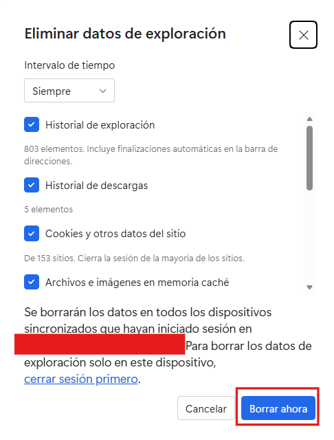 Eliminar datos de exploración (cookies, historial,etc.) del navegador web,