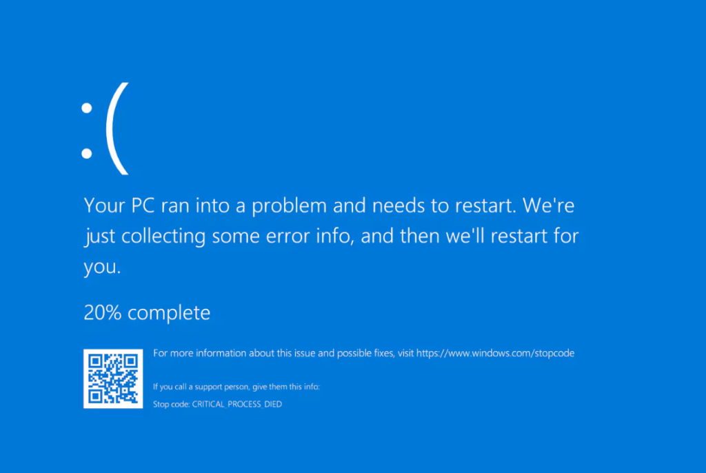Pantalla azul de error en Windows mostrando código de error crítico