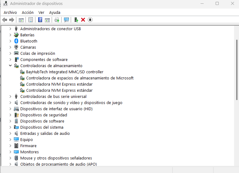Administrador de dispositivos de Windows mostrando controladores de hardware
