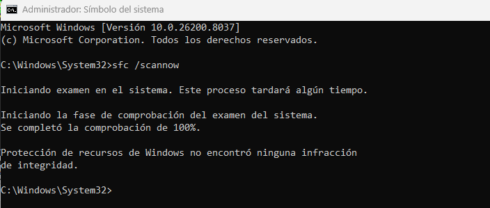 Escanear sistema de archivos de WIndows se completó correctamente