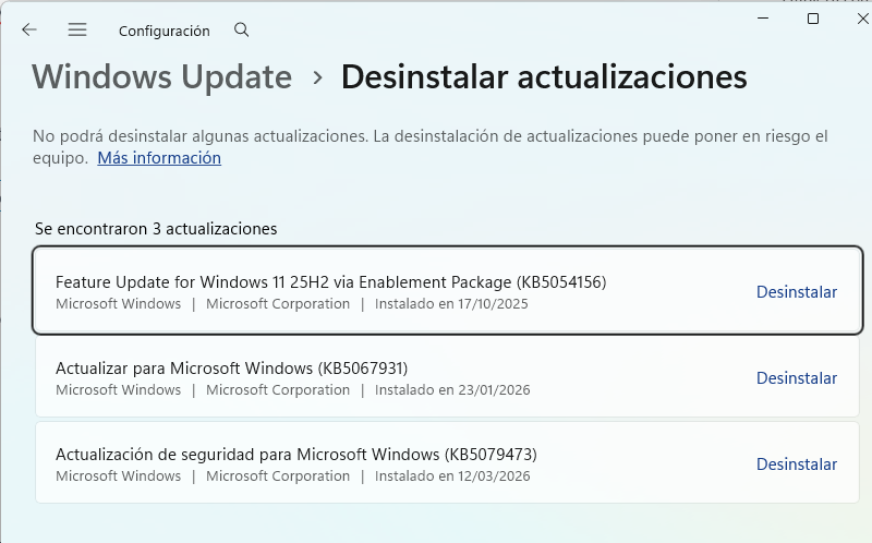 Desinstalar actualizaciones recientes de Windows Update