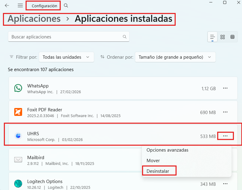 Configuración de Windows mostrando panel de desinstalación de programas.