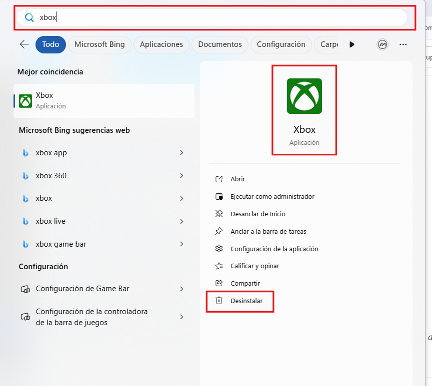 Explorador de archivos de Windows mostrando opciones para buscar y desinstalar un programa