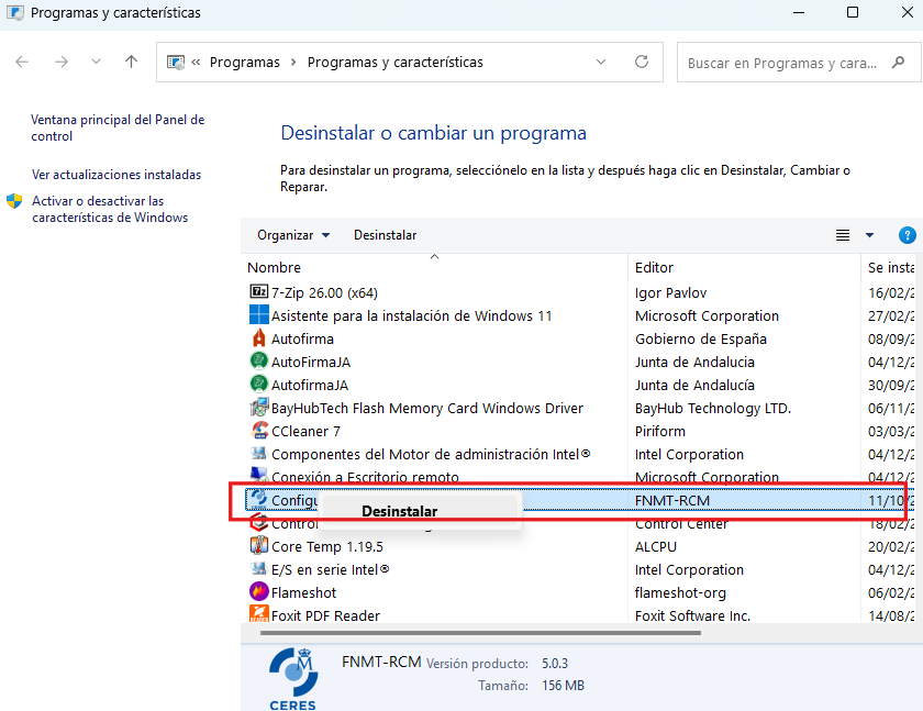 Desinstalar programa desde pantalla de Programas y Características de Windows