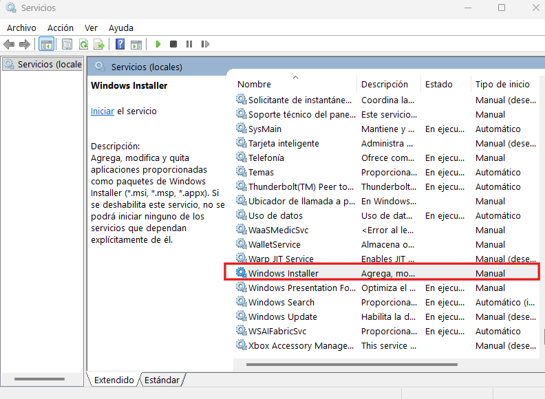 Pantalla de Servicios de Windows 11