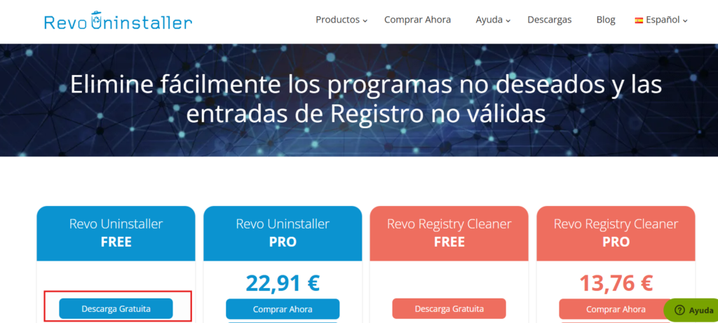 Página de descarga de Revo Uninstaller para Windows