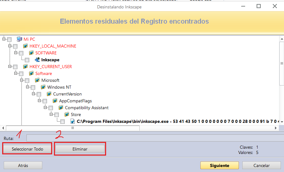 Pantalla eliminación de restos al desinstalar con revo uninstaller
