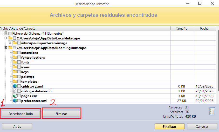 Pantalla que muestra eliminación de restos al desinstalar con revo uninstaller