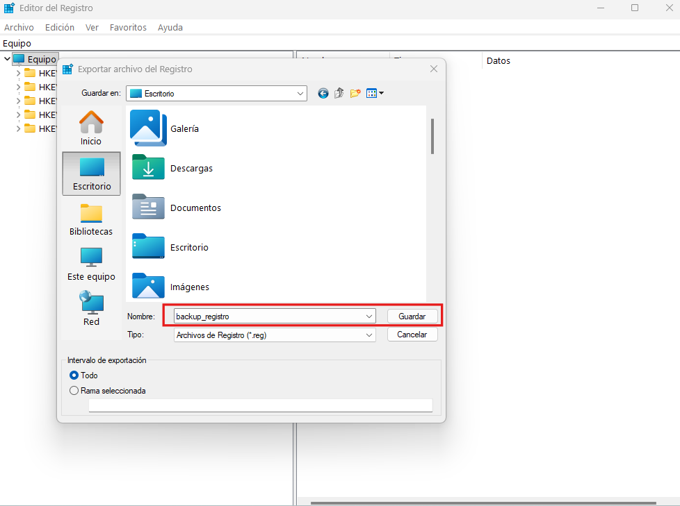 Pantalla haciendo cop de seguridad del registro de Windows