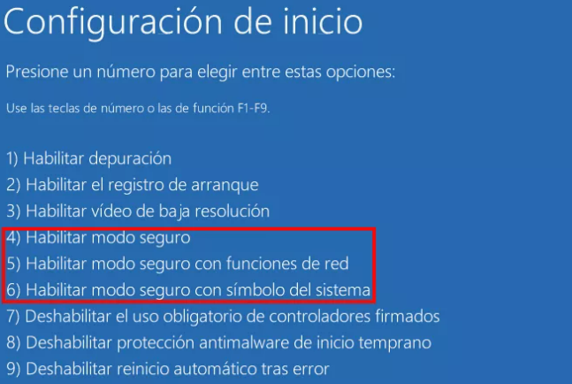 Pantalla de opciones avanzadas de arranque de Windows