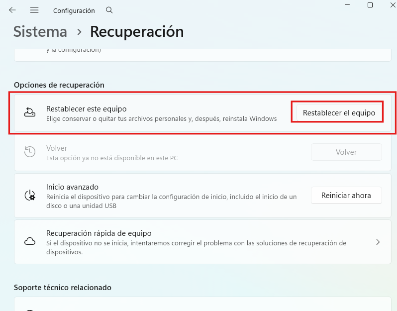 Pantalla para reestablecer equipo desde configuración en Windows 11